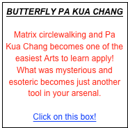 BUTTERFLY PA KUA CHANG

Matrix circlewalking and Pa Kua Chang becomes one of the easiest Arts to learn apply! What was mysterious and esoteric becomes just another tool in your arsenal.

Click on this box!
